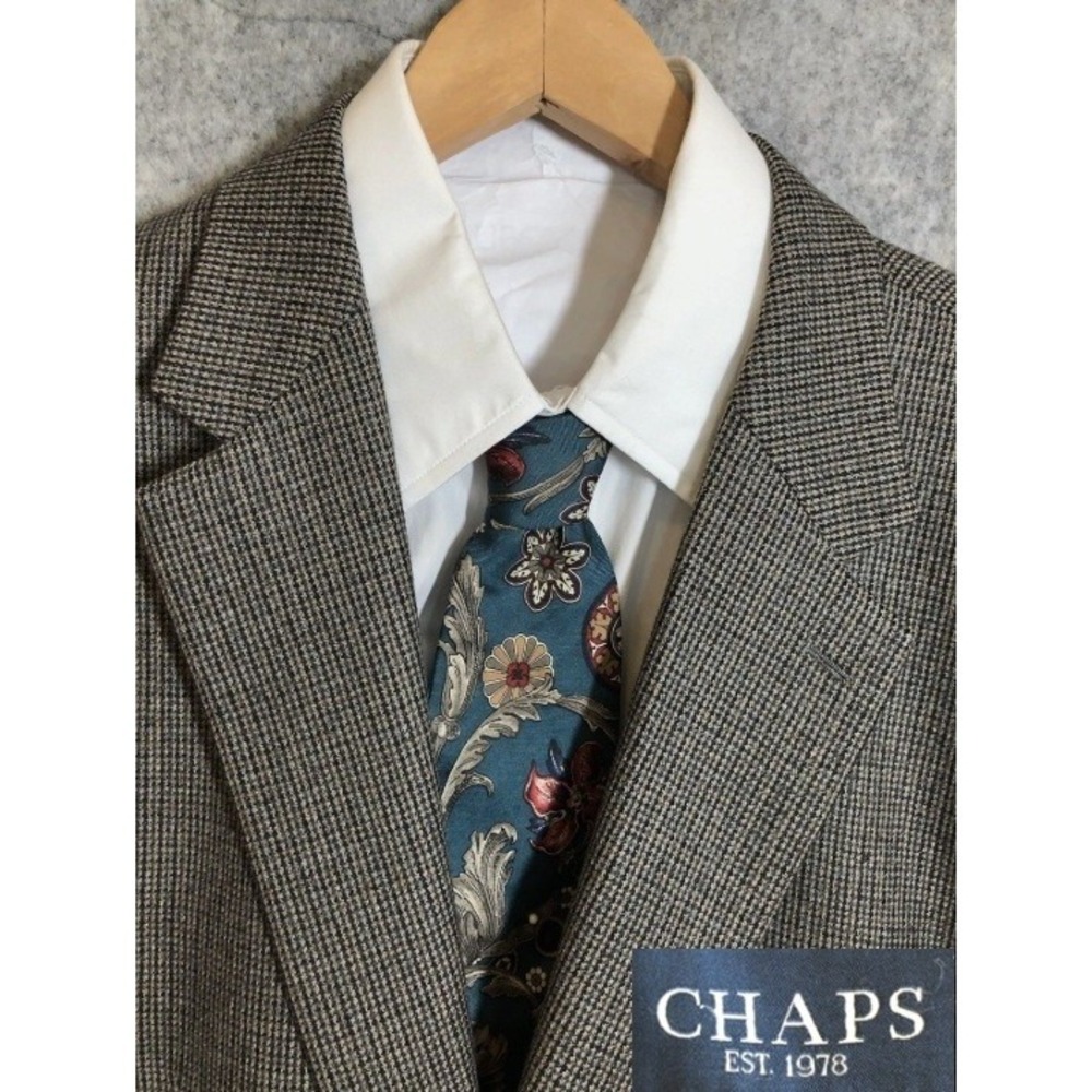Chaps 42R Blazer Gray Houndstooth Wool Blend Suit Coat Jacket Career Classic